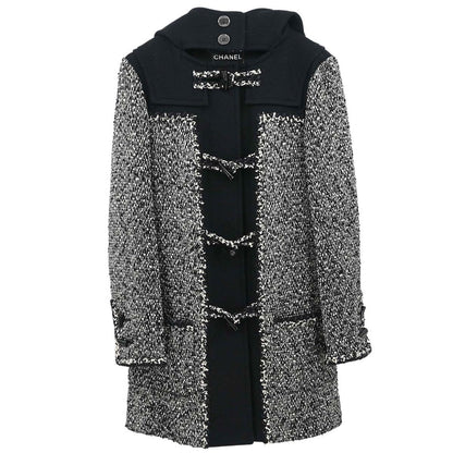 Chanel 2011-2012 Hooded Duffel Coat Tweed Black #34