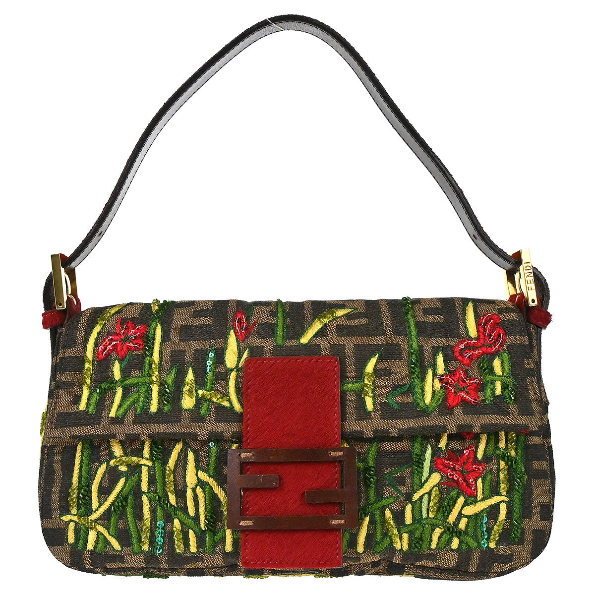 Fendi Brown Pony Hair Beads Sequins Zucca Baguette Handbag