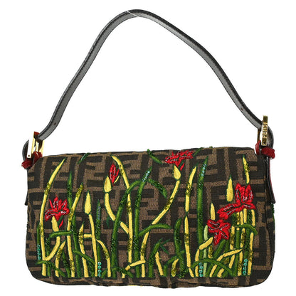 Fendi Brown Pony Hair Beads Sequins Zucca Baguette Handbag