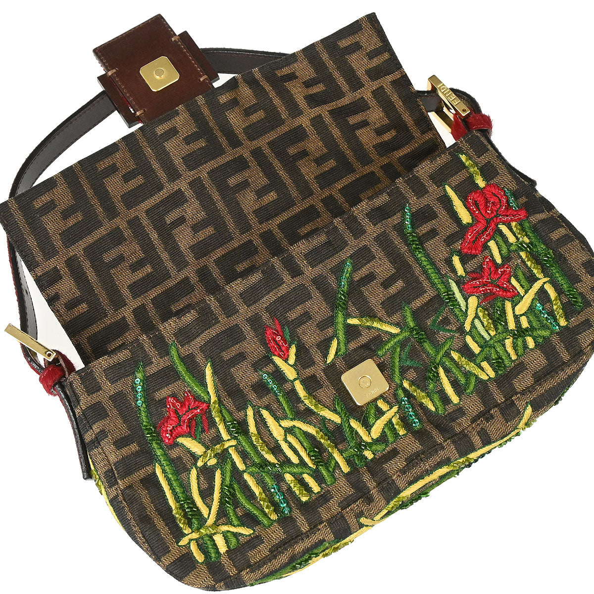 Fendi Brown Pony Hair Beads Sequins Zucca Baguette Handbag