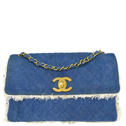 Chanel 1991-1994 Blue Denim Maxi Straight Flap Shoulder Bag