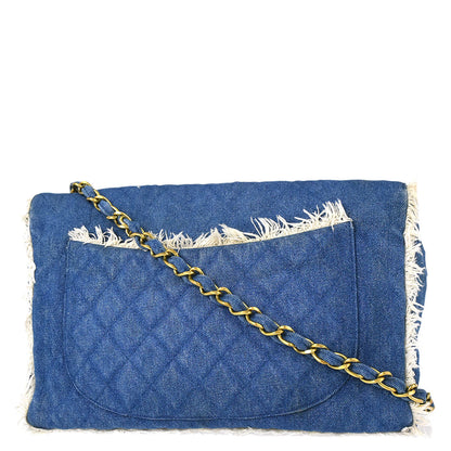 Chanel 1991-1994 Blue Denim Maxi Straight Flap Shoulder Bag