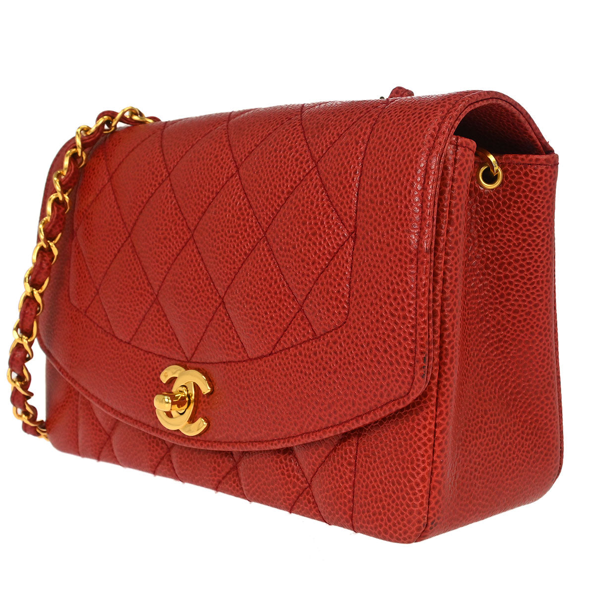 Chanel 1991-1994 Red Caviar Skin Small Diana Shoulder Bag