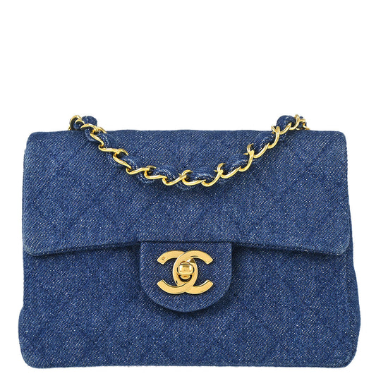 Chanel 1989-1991 Blue Denim Mini Classic Square Flap Shoulder Bag 17
