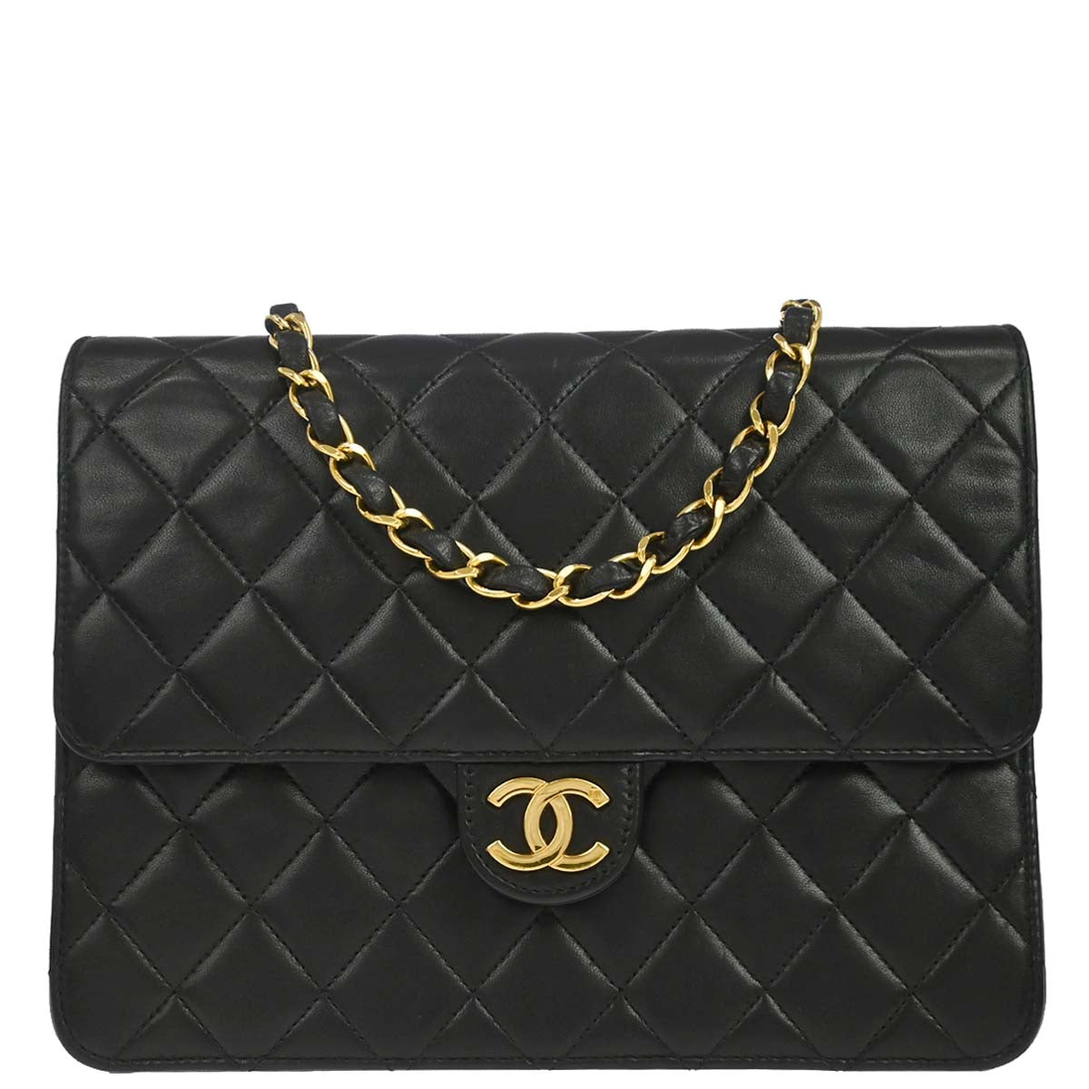 Chanel 1996-1997 Black Lambskin Pushlock Small Half Flap Shoulder Bag