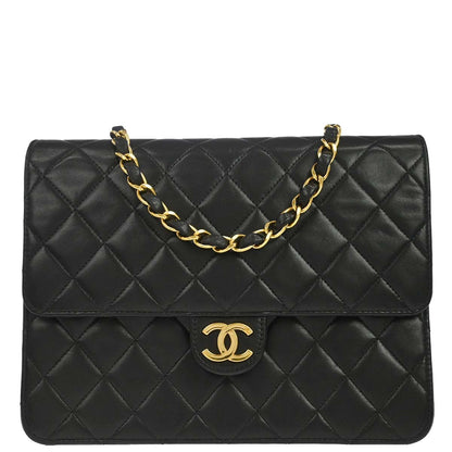 Chanel 1996-1997 Black Lambskin Pushlock Small Half Flap Shoulder Bag