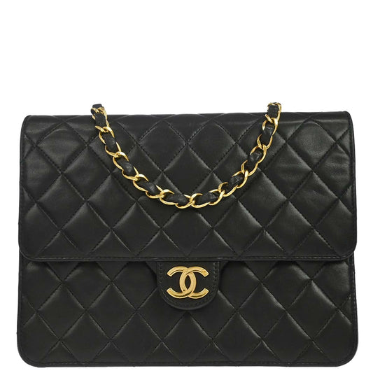 Chanel 1996-1997 Black Lambskin Pushlock Small Half Flap Shoulder Bag