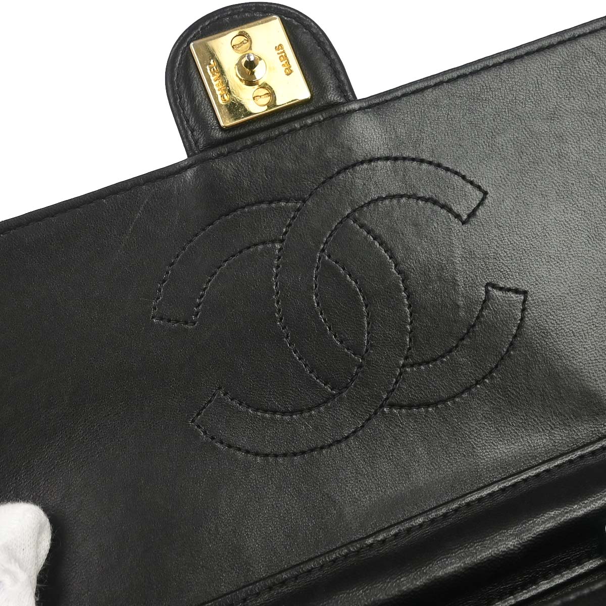 Chanel 1996-1997 Black Lambskin Pushlock Small Half Flap Shoulder Bag