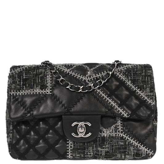 Chanel Black Tweed Lambskin Patchwork Stitch Shoulder Bag