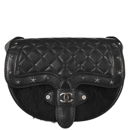 Chanel 2014 Black Calfskin Pony Hair Paris-Dallas Saddle Shoulder Bag