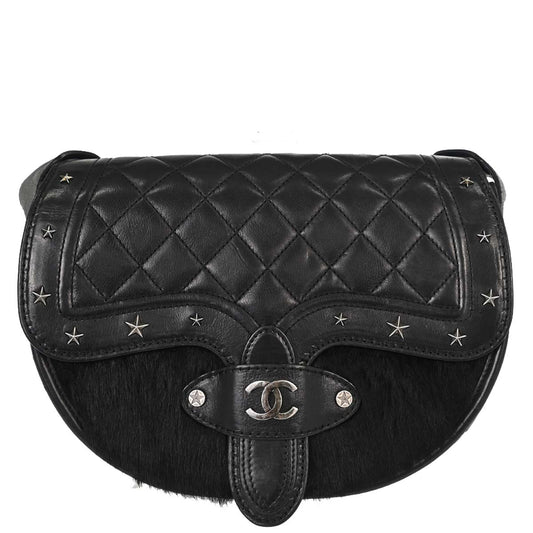 Chanel 2014 Black Calfskin Pony Hair Paris-Dallas Saddle Shoulder Bag