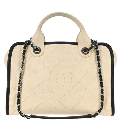 Chanel 2014-2015 Ivory Calfskin Deauville Bowling Bag 2way Shoulder Handbag
