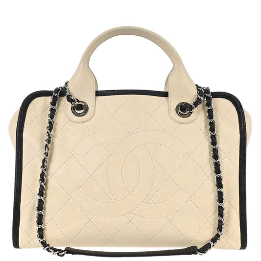 Chanel 2014-2015 Ivory Calfskin Deauville Bowling Bag 2way Shoulder Handbag