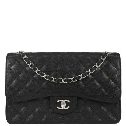 Chanel 2016-2017 Black Caviar Skin Jumbo Classic Double Flap Shoulder Bag