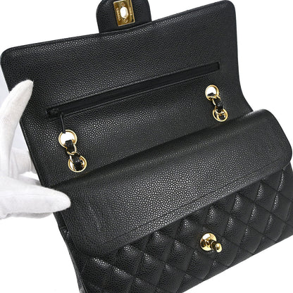 Chanel 2018-2019 Black Caviar Skin Medium Classic Double Flap Shoulder Bag
