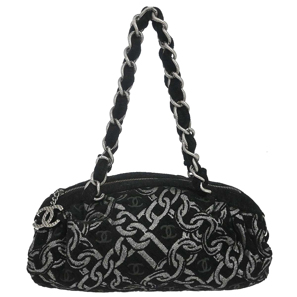 Chanel Black Silver Cotton Jacquard Chain Handbag