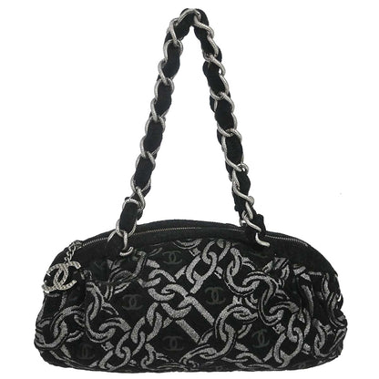 Chanel Black Silver Cotton Jacquard Chain Handbag