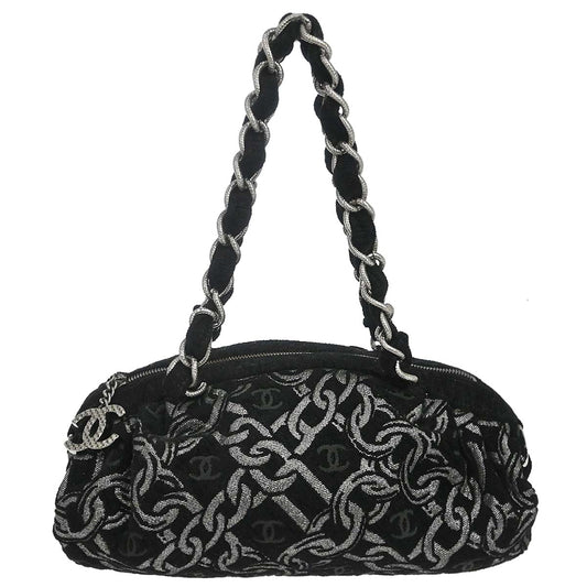 Chanel 2005-2006 Black Silver Cotton Jacquard Chain Handbag