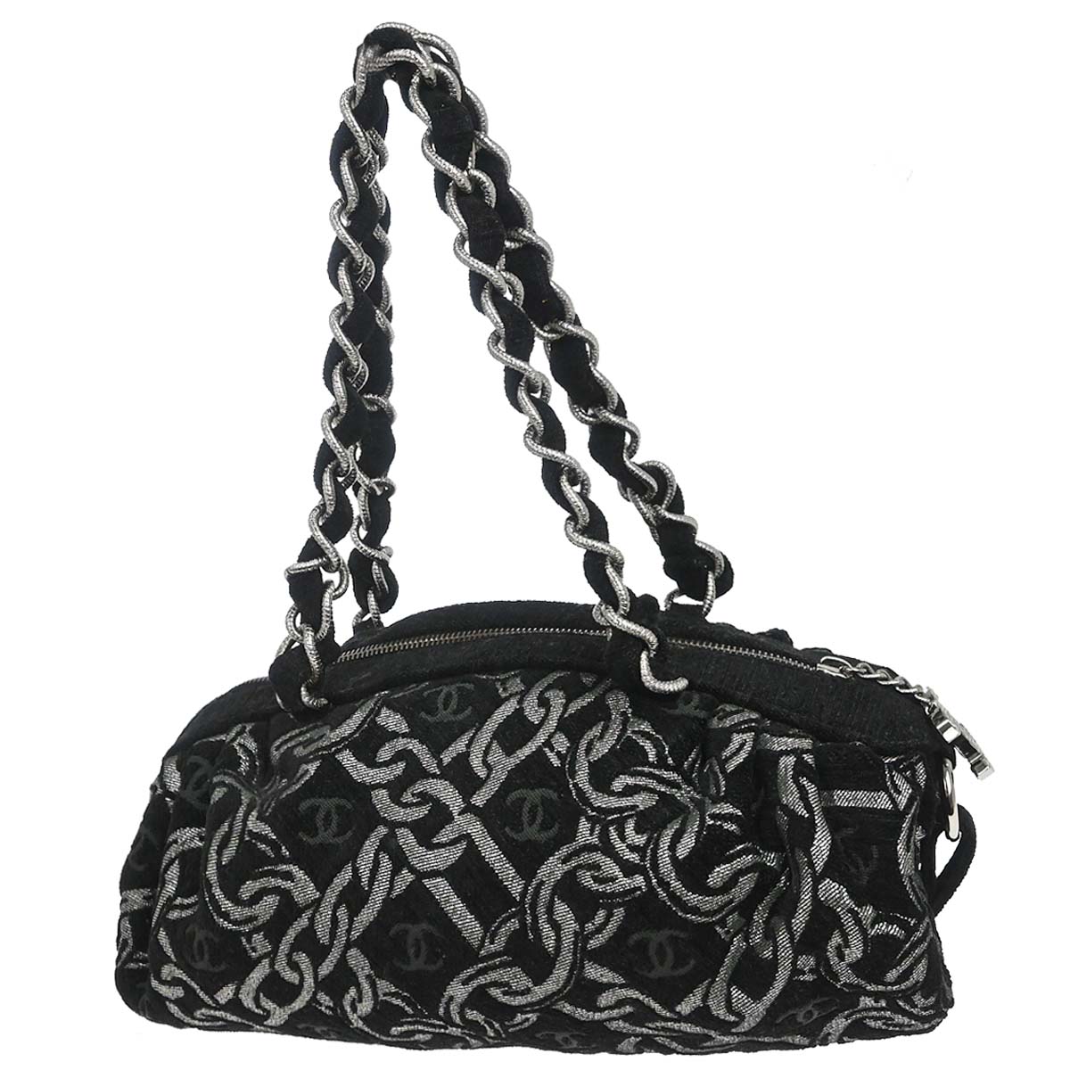 Chanel Black Silver Cotton Jacquard Chain Handbag