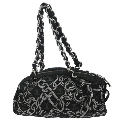 Chanel Black Silver Cotton Jacquard Chain Handbag