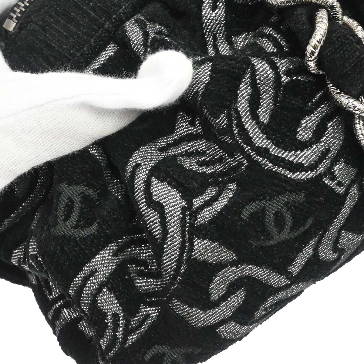 Chanel Black Silver Cotton Jacquard Chain Handbag