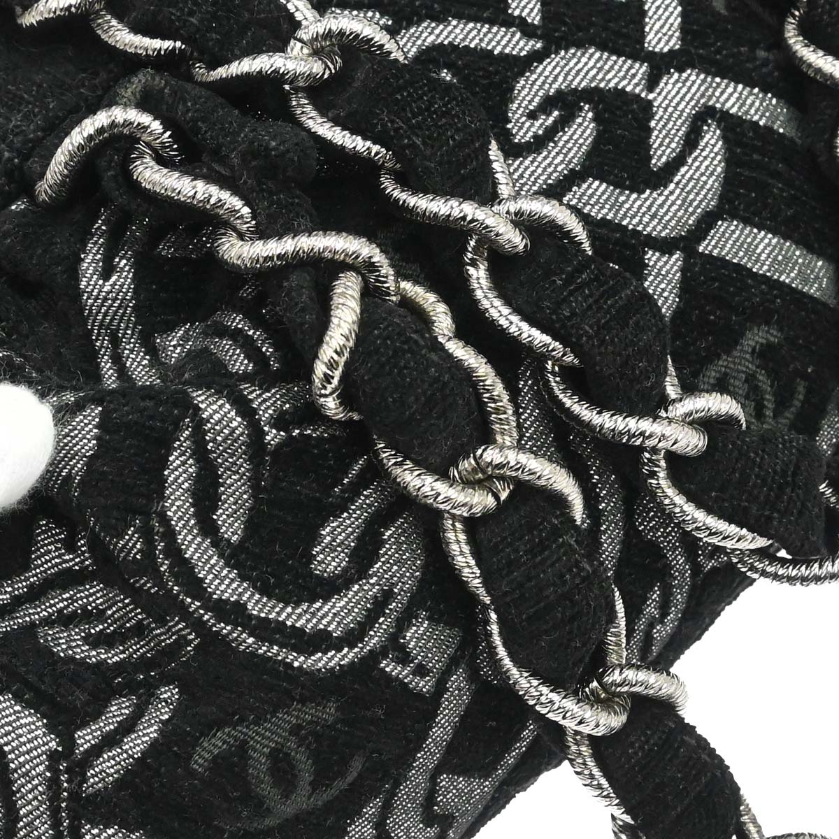 Chanel Black Silver Cotton Jacquard Chain Handbag