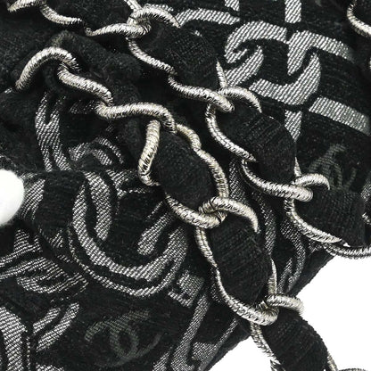 Chanel Black Silver Cotton Jacquard Chain Handbag