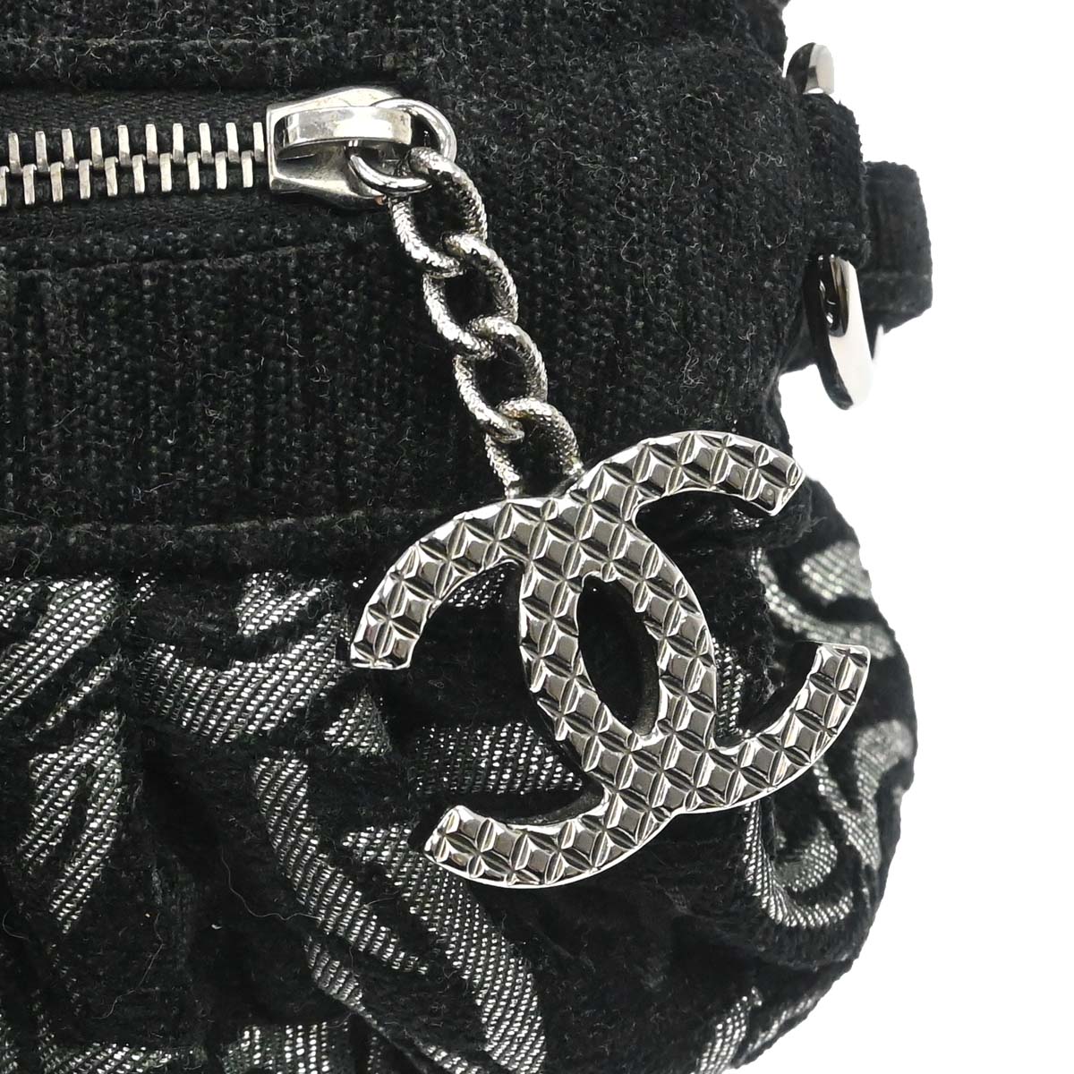 Chanel Black Silver Cotton Jacquard Chain Handbag