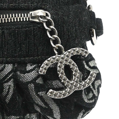 Chanel Black Silver Cotton Jacquard Chain Handbag