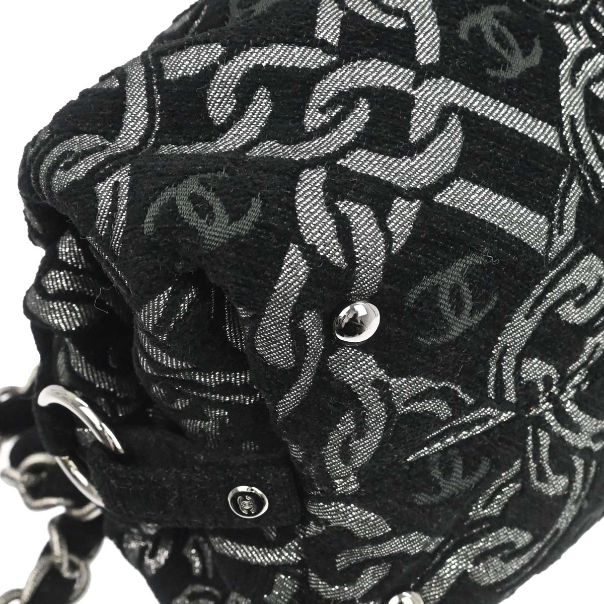 Chanel Black Silver Cotton Jacquard Chain Handbag