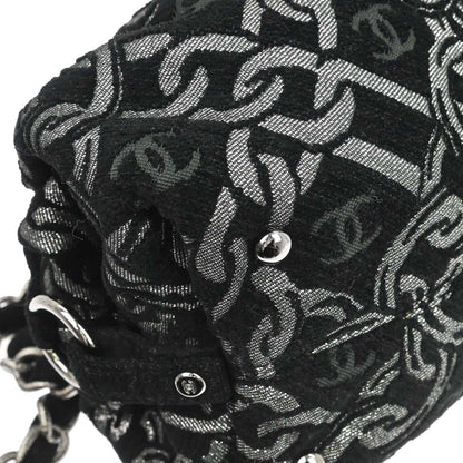 Chanel Black Silver Cotton Jacquard Chain Handbag