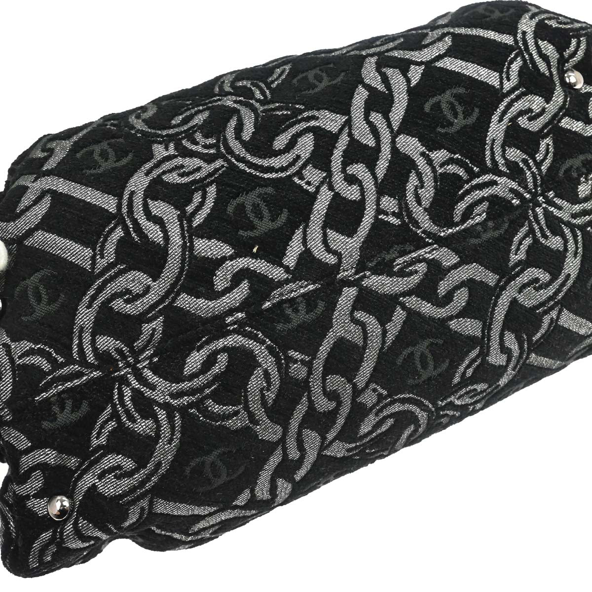 Chanel Black Silver Cotton Jacquard Chain Handbag