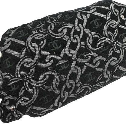 Chanel Black Silver Cotton Jacquard Chain Handbag