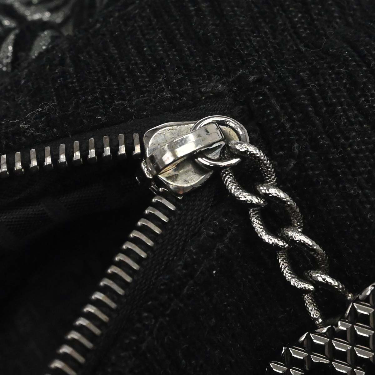 Chanel Black Silver Cotton Jacquard Chain Handbag