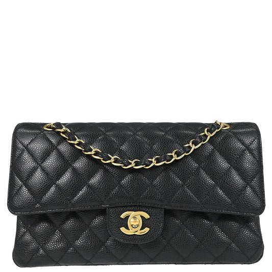 Chanel 2019 Black Caviar Skin Medium Classic Double Flap Shoulder Bag