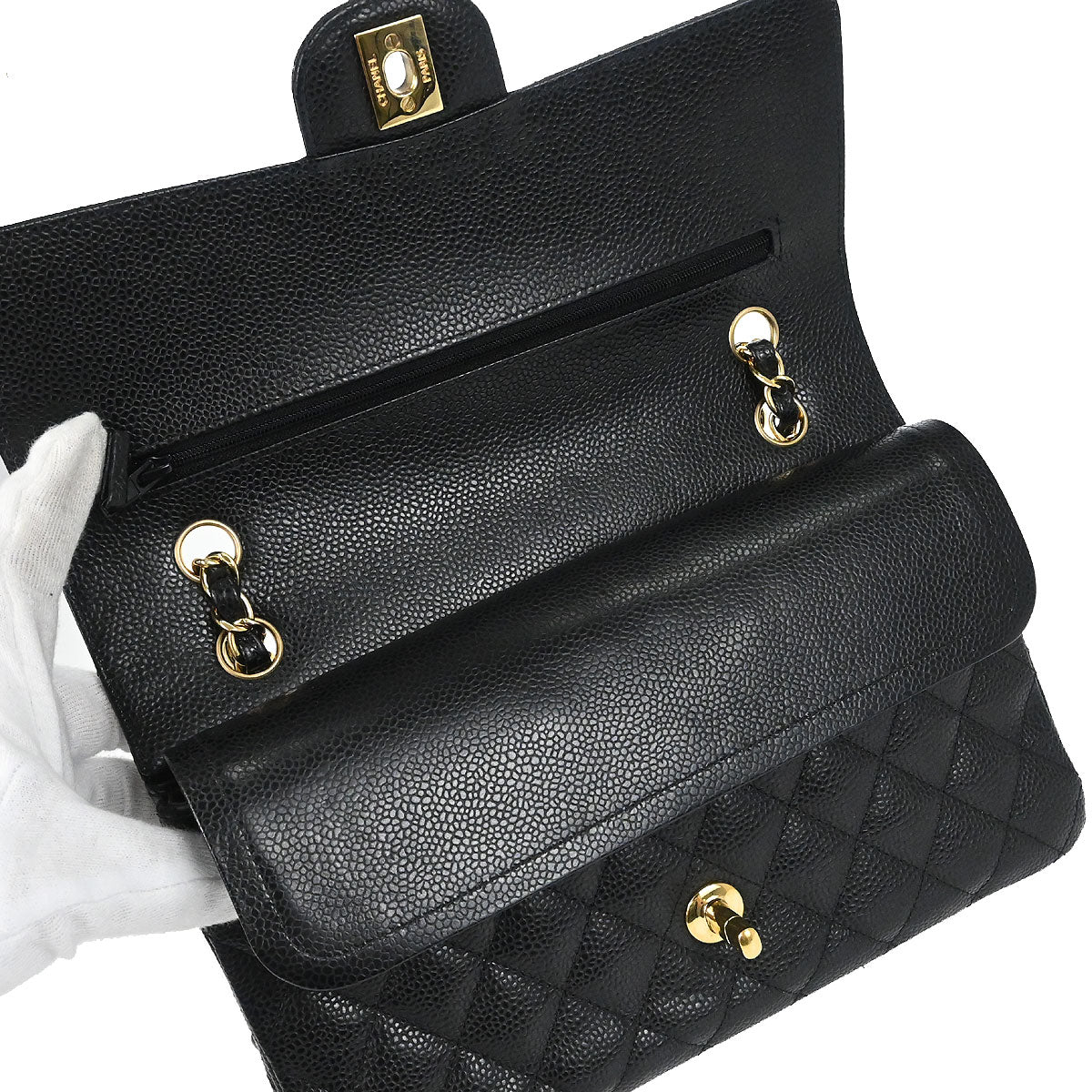 Chanel 2019 Black Caviar Skin Medium Classic Double Flap Shoulder Bag