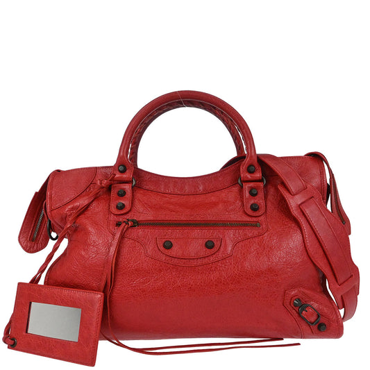 Balenciaga Red Lambskin City Medium 2way Shoulder Handbag