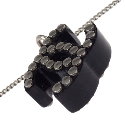Chanel CC Chain Pendant Necklace Acrylic Silver Black 05P