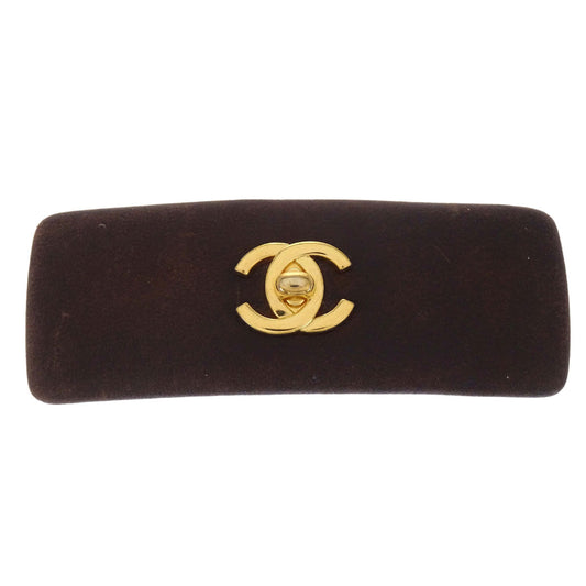 Chanel Hair Clip Barrette Turnlock Brown Gold Leather Hair Accessories
