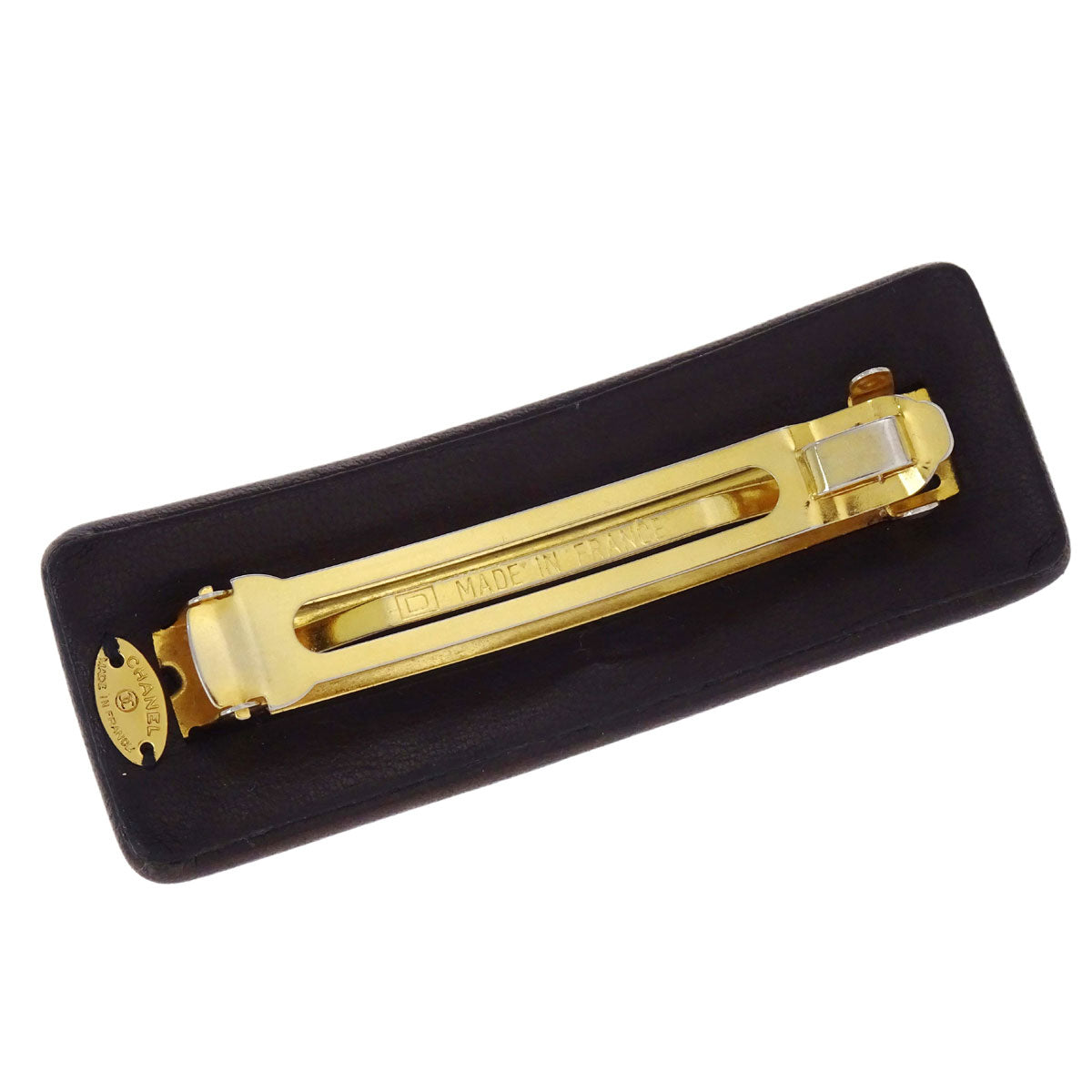 Chanel Hair Clip Barrette Turnlock Brown Gold Leather Hair Accessories