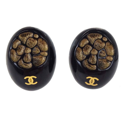 Chanel Oval Clip-On Earrings Black Gold 02P