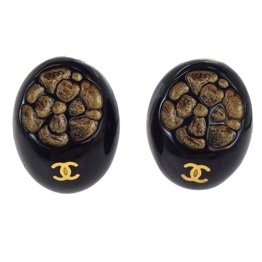 Chanel Oval Clip-On Earrings Black Gold 02P