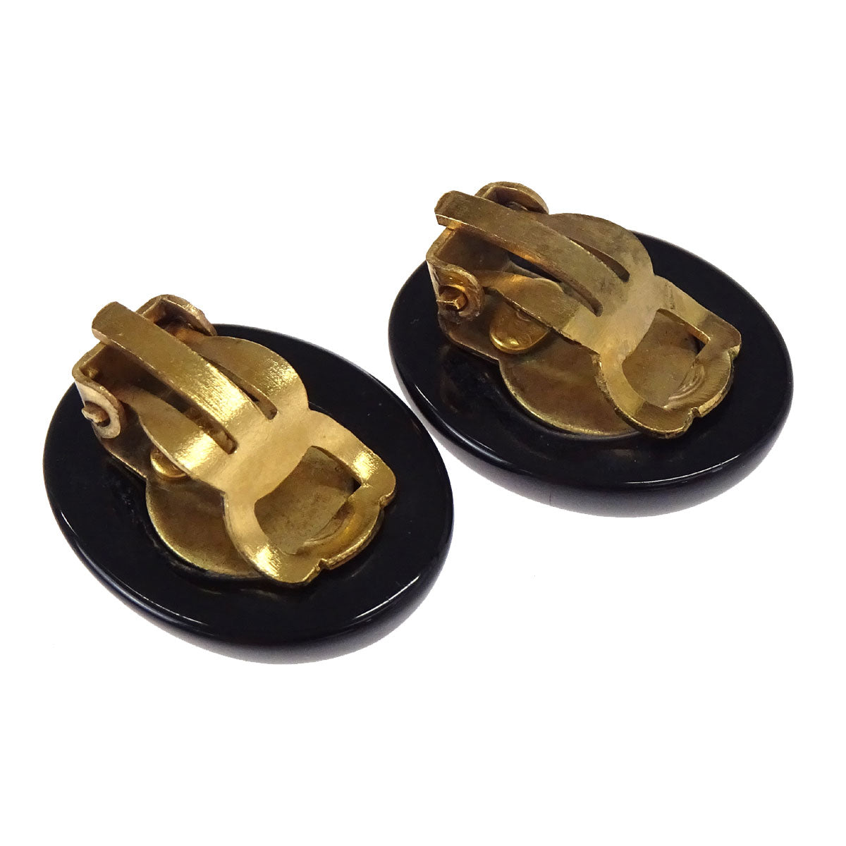 Chanel Oval Clip-On Earrings Black Gold 02P