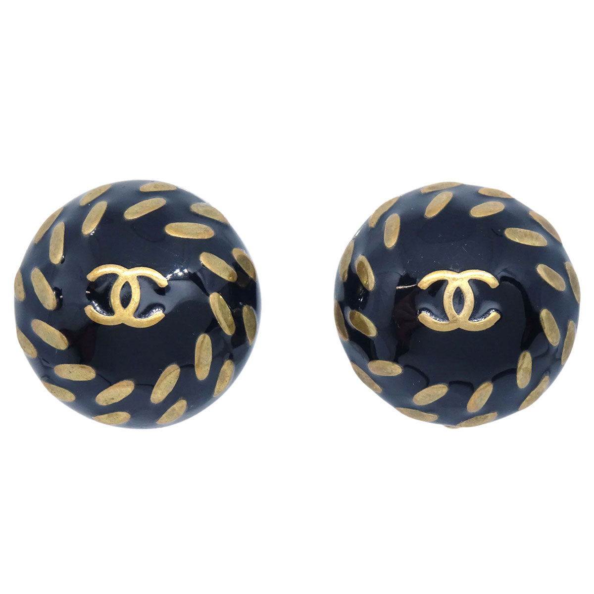 Chanel Button Clip-On Earrings Black Gold 98P