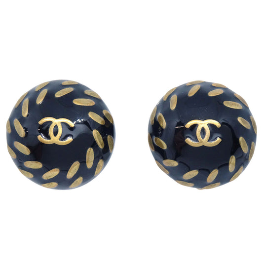Chanel Button Clip-On Earrings Black Gold 98P