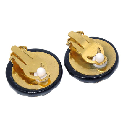 Chanel Button Clip-On Earrings Black Gold 98P