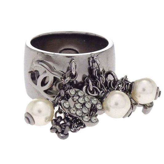 Chanel Ring Silver Rhinestone Costume Pearl Fringe #53 10A