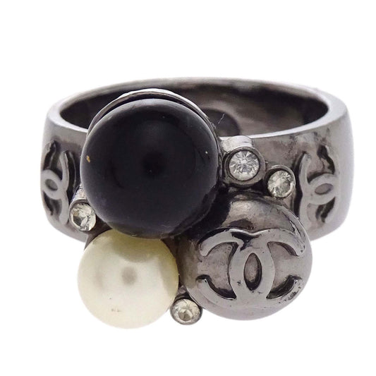 Chanel Ring Silver Rhinestone Costume Pearl #53 04A