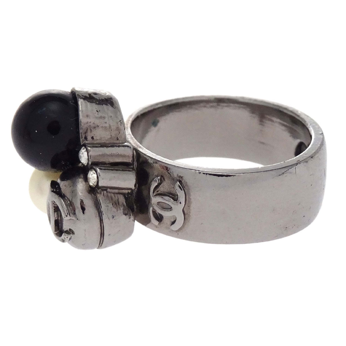 Chanel Ring Silver Rhinestone Costume Pearl #53 04A