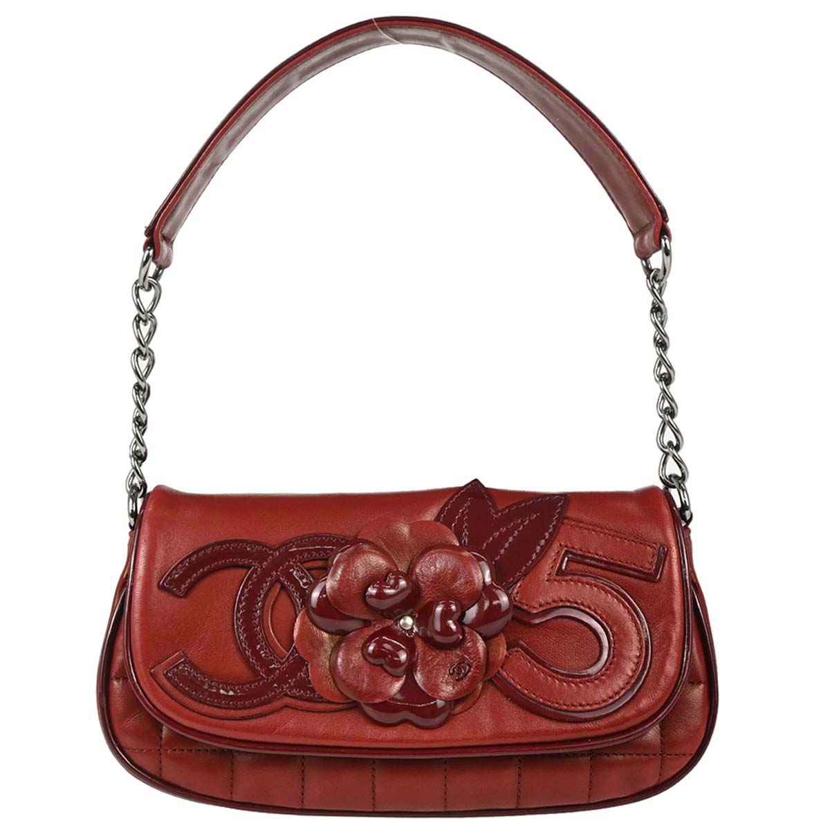 Chanel 2005-2006 Red Lambskin Choco Bar Camellia No.5 CC Handbag